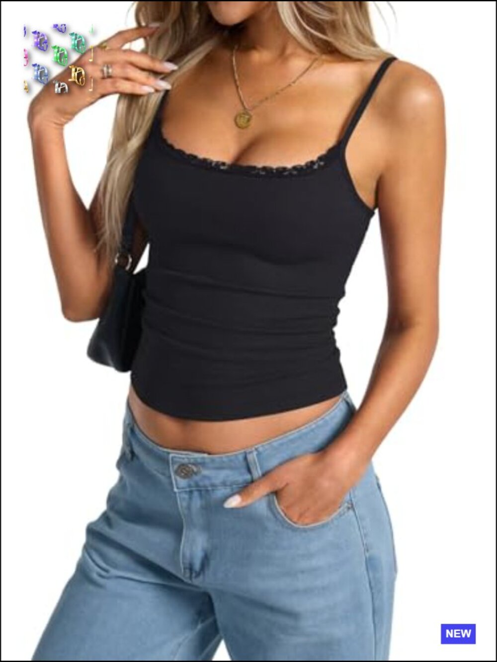 Sleeveless Ribbed Tank Top Square Neck Lace Trim Adjustable Spaghetti Straps - Picture 3 of 7